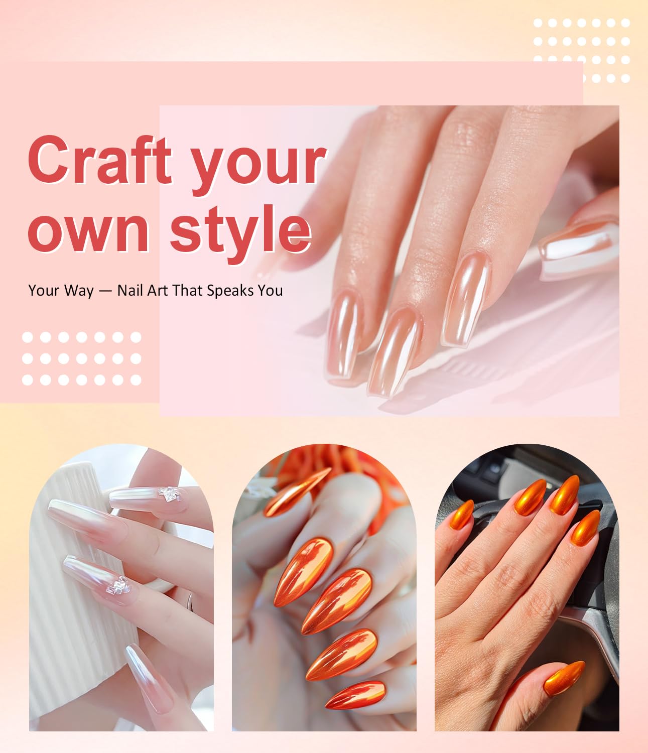 Pearl Chrome Nail Powder BISHENGYF -【Metallic Mirror Effect】 Orange Chrome Nail Powder White Clear Aurora Mermaid Iridescent Chrome Powder for Nails Pigment Glitter Dust for Manicure Decroation DIY-BrightBean Baby