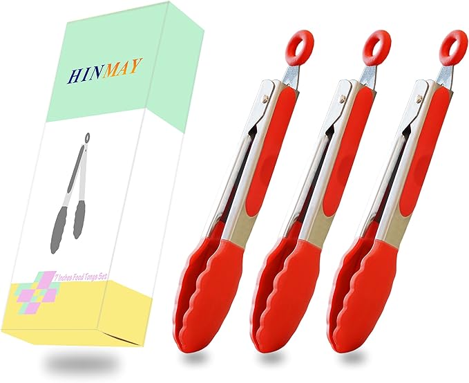 7-Inch Mini Silicone Tongs Small Serving Tongs for Appetizers, Set of 3 (Red)