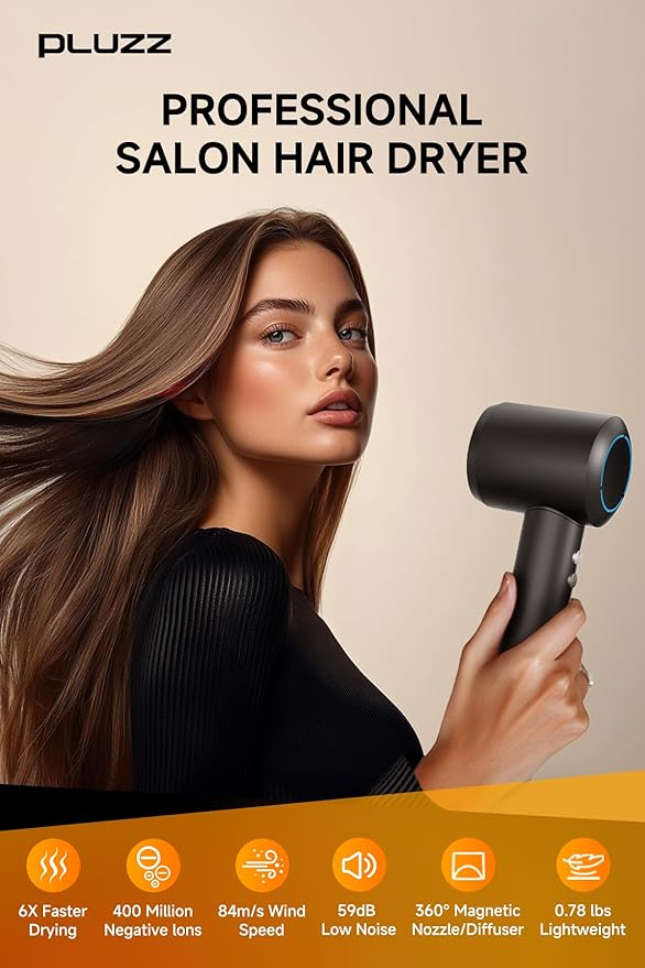 PLUZZ Professional Hair Dryer with Diffuser for Curly Hair, 400M Negative Ionic Blow Dryer for Fast Drying, 120,000 RPM High-Speed Brushless Motor, Low Noise Lightweight, Travel-Friendly, Women & Men-BrightBean Baby