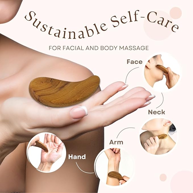 Teak Wood Gua Sha Facial Tool for Face and Body Massage, Anti-Aging Reduce Puffiness Wrinkles Shape Jawline Skincare Routine Treatment, Wooden Gua Sha Massager with Travel Pouch for Gift Set-BrightBean Baby