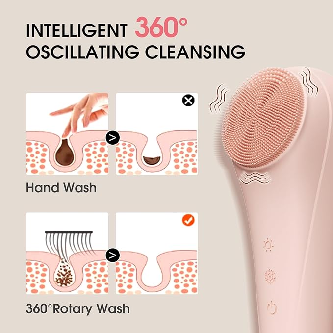 Facial Cleansing Brush,Silicone Face Scrubber,Pore Scrubber for Women Men,IPX7 Waterproof Exfoliating Face Brush,Rechargeable Electric Face Scrub,Pink-BrightBean Baby