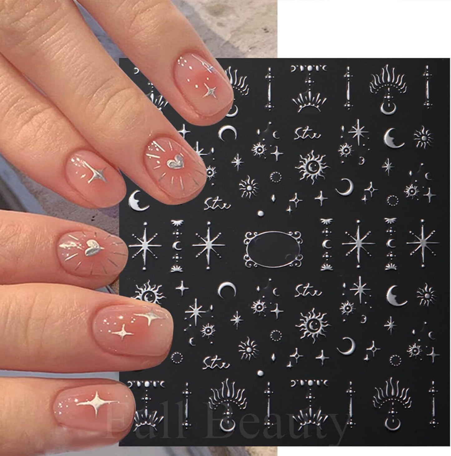 Metallic Silver Nail Art Stickers 3D Self-Adhesive Nails Stickers Bohemian Sun Moon Hexagram Butterfly Heart French Tip Decal Supplies Women DIY Silver Metal Nail Art Decoration 4Sheets-BrightBean Baby