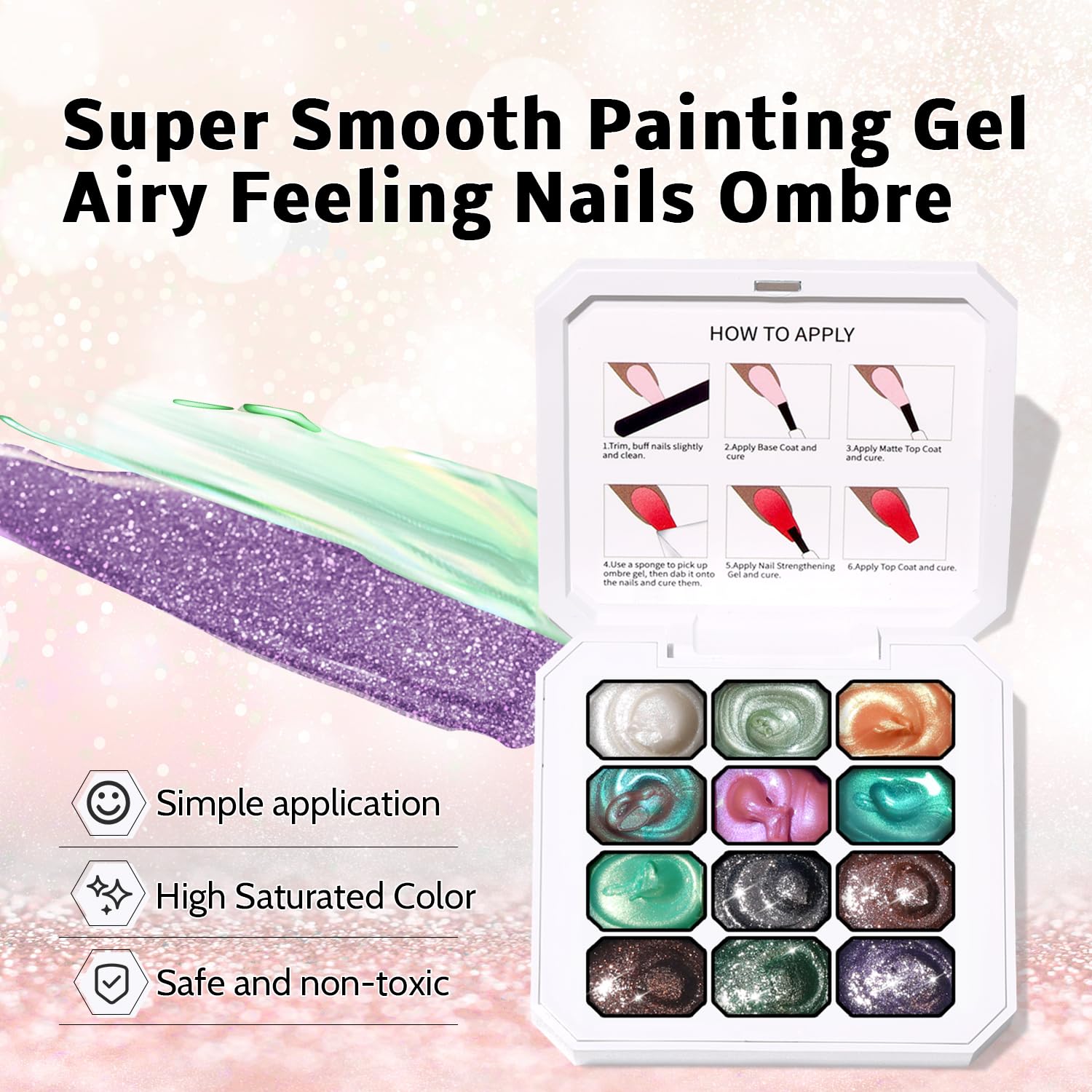 Sponge Pat Paint Nail Gel, Ombre Nails Gradient Gel Nail Blush Blooming Aura Nails Drawing Stripper Floral Painting DIY Nail Art, No Wipe, UV/LED Curing (12 Colors B)-BrightBean Baby