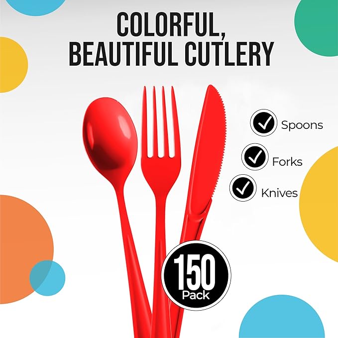 Party Solids Red Plastic Silverware Heavy Duty 150 Pieces Red Plastic Cutlery Sets, Utensil Sets, 50 Of Each Forks, Knives & Spoons Disposable Cutlery Set, Flatware Set For Party Supplies