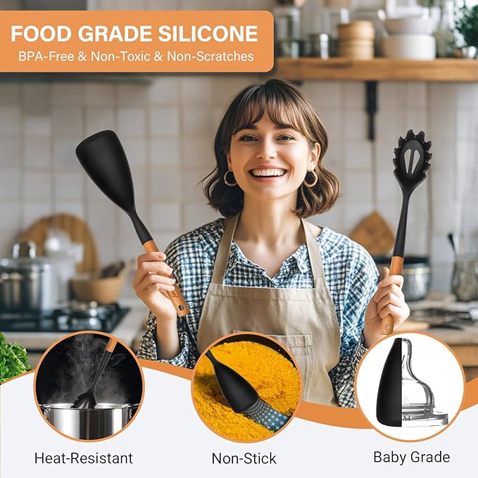 Silicone Cooking Spoon and Pasta Fork Set, 2 Pack Large Spatula Spoons Set with Wooden Handle, Nonstick Multifunction Spoon for Cooking, Serving, Mixing and Spaghetti (Black)