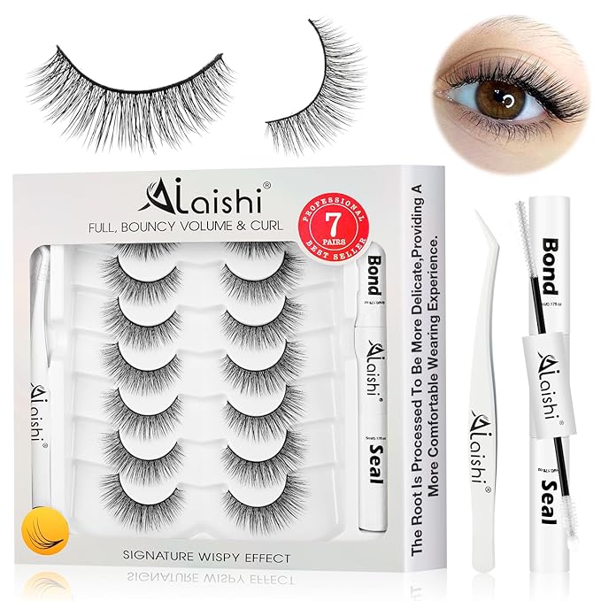 Wispy False Eyelashes Kit With Bond, Seal and Tweezer, 7 Pairs Natural Look Fake Cat Eye Lashes Strips Thin Band Extensions Waterproof Easy Eyelashes for Beginners RQ46-BrightBean Baby