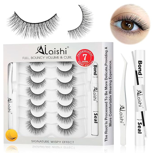 Wispy False Eyelashes Kit With Bond, Seal and Tweezer, 7 Pairs Natural Look Fake Cat Eye Lashes Strips Thin Band Extensions Waterproof Easy Eyelashes for Beginners RQ46-BrightBean Baby
