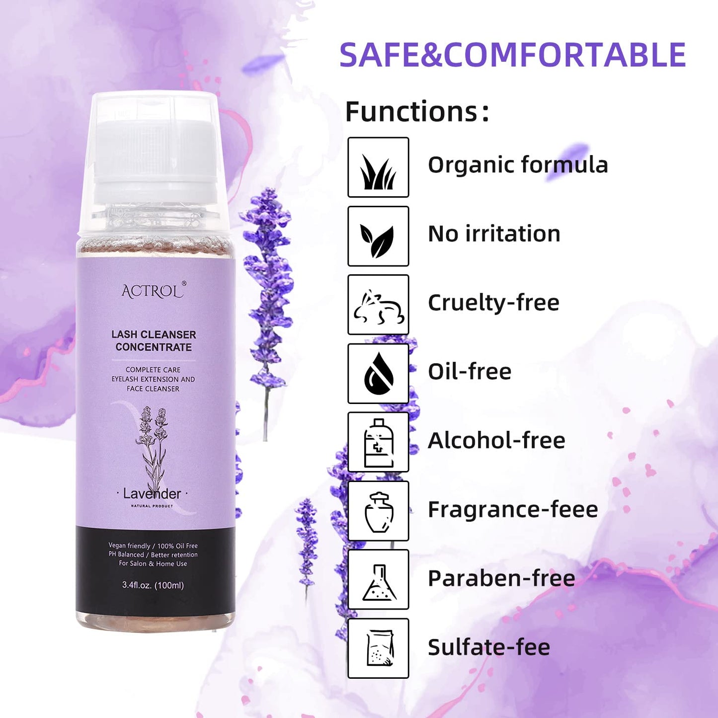 Eyelash Shampoo Concentrate 100ml Lash Extensions Cleanser Concentrate Lavender Foaming Shampoo Paraben & Sulfate Free Wash for Extensions Lashes with Salon Home Care-Makes 60ml Bottles-BrightBean Baby