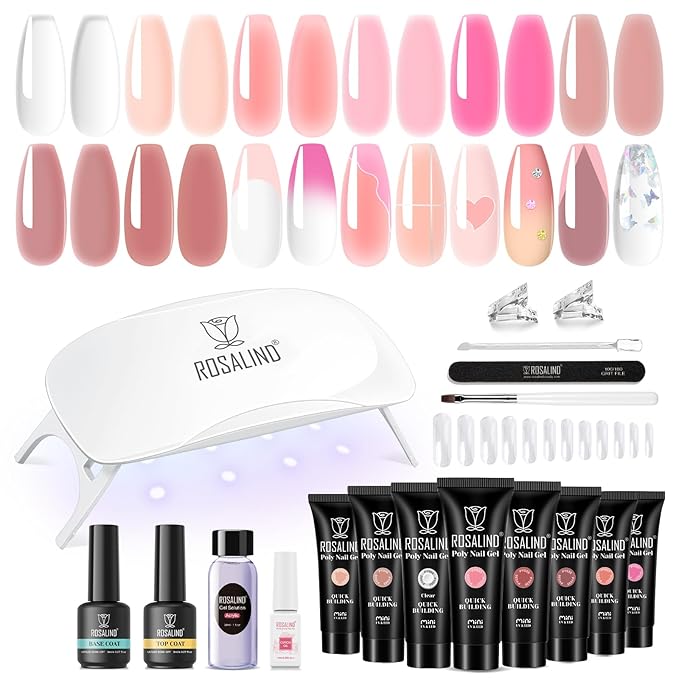 ROSALIND 8PCS Poly Nail Gel Kit with Mini Nail Lamp Clear Nude Purple Brown Poly Extension Gel Kit Mini Starter Kit-BrightBean Baby