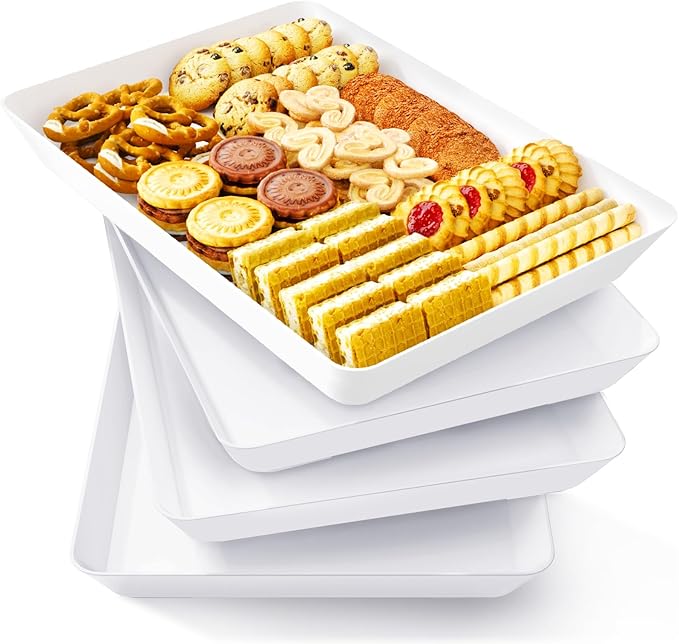 Lifewit Plastic Serving Tray for Party Supplies, 4 Pcs White Trays for Serving Food, Reusable Large Platter for Buffet, Fruit, Snack, Rectangle, Thanksgiving Christmas Essentials, 14" x 10"