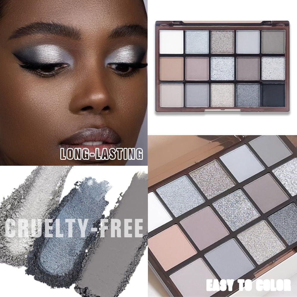 Smokey Black Eye Shadow Makeup Palette,15 Colors Gray Silver Dark Shimmer Matte Makeup Pallet,Long Lasting Waterproof Blendable for Daily and Halloween,Vegan,Cruelty -free-BrightBean Baby