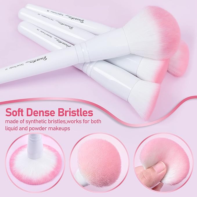 Bueart Design 16Pcs ULTRA SOFT labeled Makeup Brushes set with brush Holder face brush for Foundation Powder Blending Blush wooden Handle(16Pcs White+Pink Holder)-BrightBean Baby