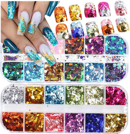 2 Boxes 24 Colors Chameleon Holographic Glitter Mermaid Nail Art Sequins 3D Flakes Laser Gradient Nail Glitter Design Shiny Glitters Powder Accessories for Women Manicure DIY Decorations-BrightBean Baby