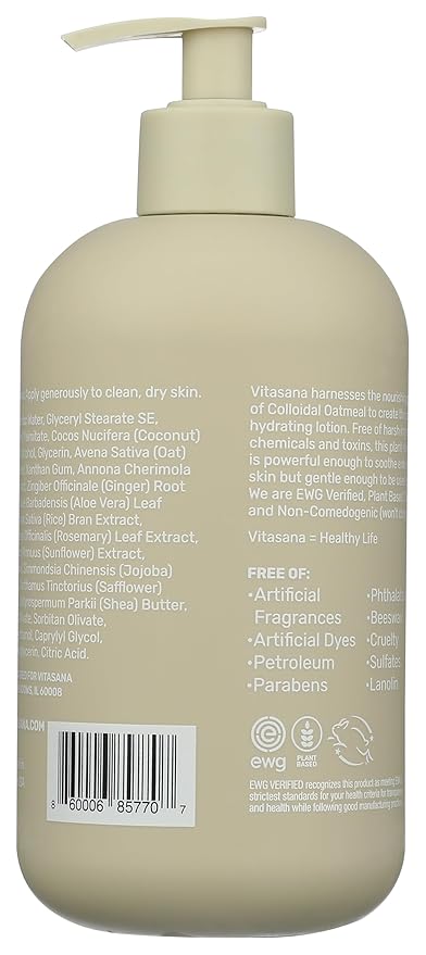 Vitasana Hydrating Hand & Body Lotion, 16 oz – Fragrance‑Free, 99% Plant‑Derived with 2% Colloidal Oatmeal, EWG Verified, Hypoallergenic, Paraben‑Free, Sulfate‑Free, Cruelty‑Free-BrightBean Baby