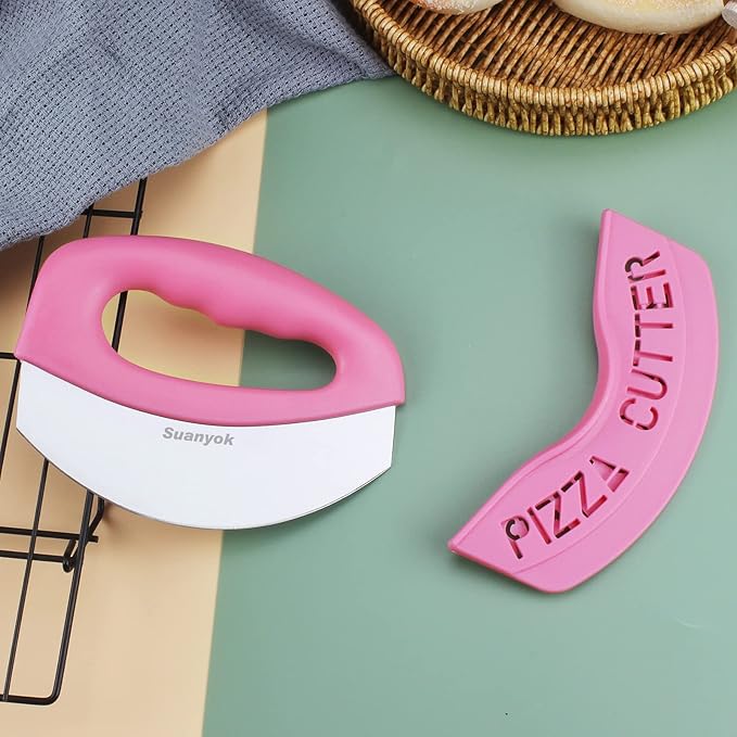 Premium Pizza Cutter Food Chopper-Super Sharp Blade Stainless Steel Pizza Cutter Rocker Slicer with Protective Sheath Multi Function Pizza Knife Kitchen Tools,Dishwasher Safe (Pink)