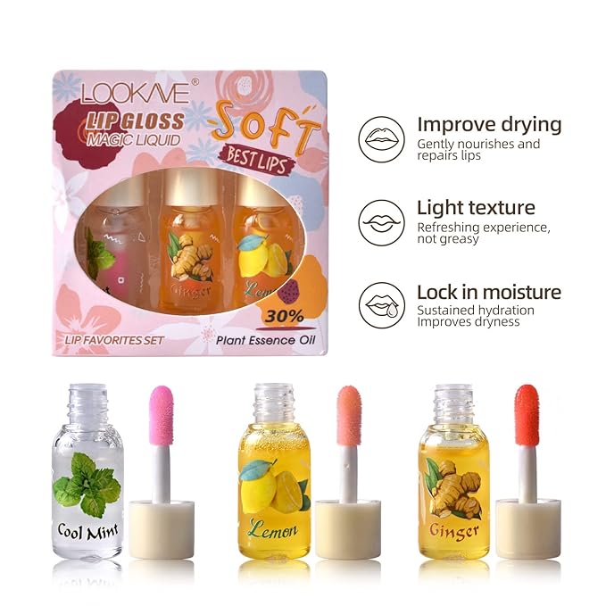 LAMUSELAND 3Pcs Mini Cute Lip Oil, Hydrating Clear Lip Gloss for Lip Care to Prevent and Soothe Dry, Chapped Lips (A (3Pcs))-BrightBean Baby