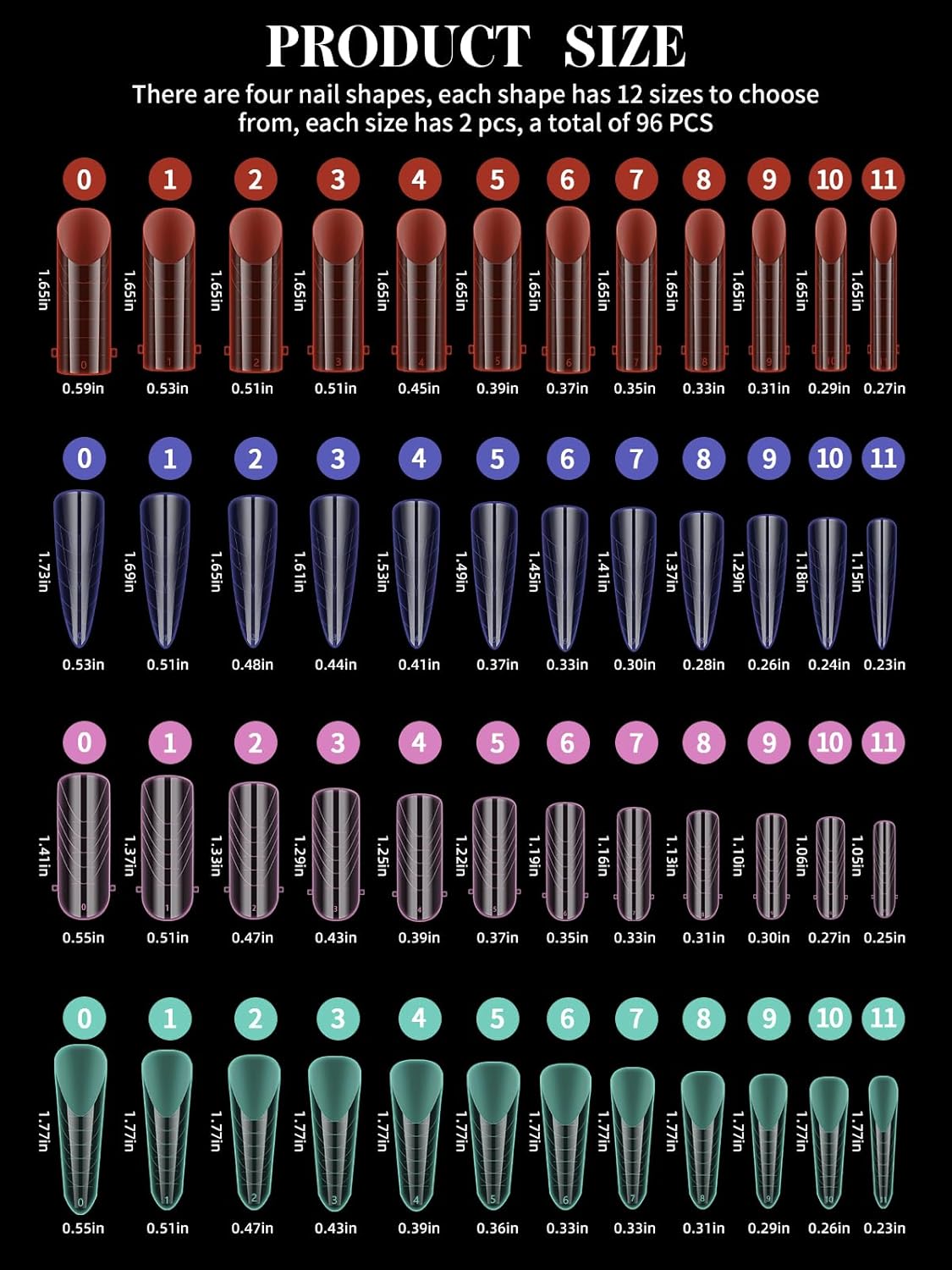 EBANKU Dual Nail Forms for Poly Extension Gel, 96 PCS Colorful Nail Molds Reusable Nail Extension Forms for Builder Gel Manicure Design Salon DIY-12 Sizes-BrightBean Baby