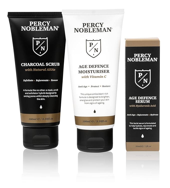 Percy Nobleman Age Defence Kit, a men's skincare set containing Charcoal Face Scrub (with Natural AHAs), ultra-hydrating Facial Serum (with Hyaluronic Acid), and Moisturiser (with Vitamin C)-BrightBean Baby