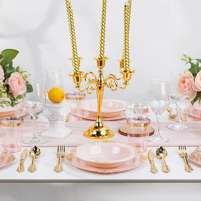 Nervure 50PCS Pink Plastic Bowls with Gold Rim - 12oz Disposable Soup Bowls, Heavy Duty Salad Ice Cream Bowl Perfect For Weddings, Parties and Everyday Use