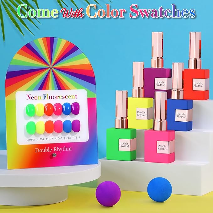 Double Rhythm 6 Pcs 15 ML Gel Polish Set Same Color Same Bottle Soak Off Gel Polish Kit Nail Art Manicure Salon DIY at Home for Women (Neon Green Red Pink Blue Purple-T6-12)-BrightBean Baby