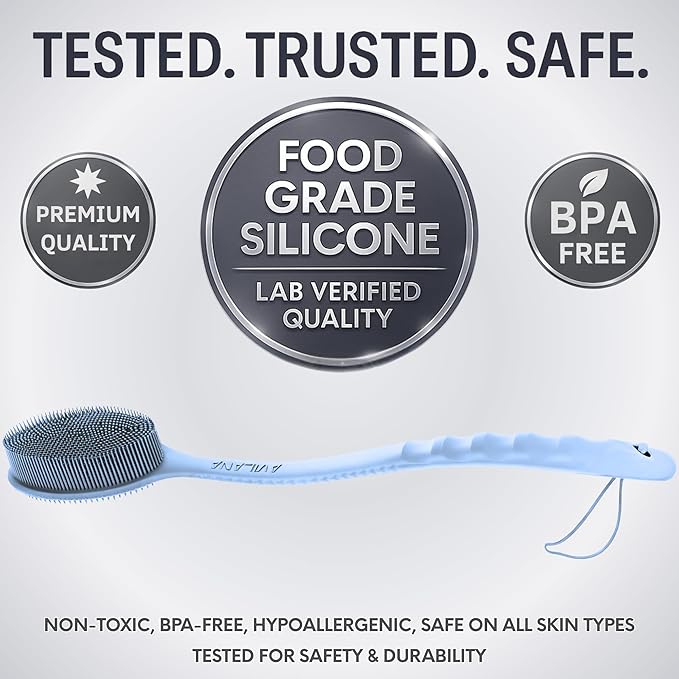 Avilana Silicone Body Scrubber – Gentle Shower Brush & Loofah Alternative- Food Grade & Lab Tested – Fast-Drying, Hygienic, BPA-Free Silicone Body Gentle Exfoliator (Blue, Long Handle)-BrightBean Baby