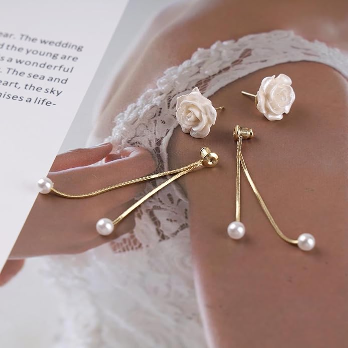 Vintage Flower Pearl Drop Earrings Long Tassel Pearl Earrings White Camellia Stud Earring Gold Pearl Chain Dangle Earrings Jewelry for Women-BrightBean Baby