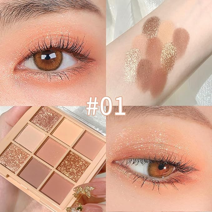 Erinde 9 Colors Eyeshadow Palette, Matte Shimmer Glitter Eye Shadow Makeup Palette, Highly Pigmented Long Lasting Waterproof, Natural Neutral Nude Eyeshadow Makeup Pallet, Oat Milk Tea-BrightBean Baby