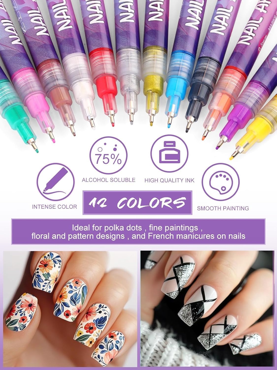 Kalolary 12 Color Nail Art Pens Set, Nail Art Markers Polish Pens Nail Point Graffiti Dotting Pen Drawing Painting Liner Brush for DIY Nail Art Beauty Adorn Manicure Tools-BrightBean Baby