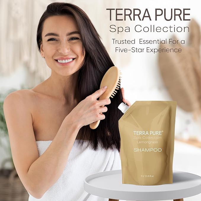 Terra Pure Spa Collection 1 Liter Shampoo Refill Bag For Soap Dispensers | Bulk Toiletries for Vacation Rentals, and Home Bathroom Showers | Green Tea Lemongrass | Single-BrightBean Baby