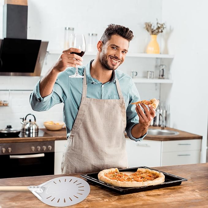 Pizza Turning Peel Perforated Pizza Turner Round Metal Aluminum Turning Peel Paddle with 16 Inch Anti-scalding Non-slip Durable Wooden Handle for Homemade Bread Bakers Oven Accessories(10 Inch)