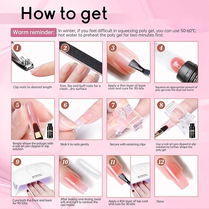 JEWHITENY Poly Extension Gel Nail Kit 14 PCS Poly Gel Kit with Slip Solution and Mini Lamp Nail Art Design Beginner-BrightBean Baby