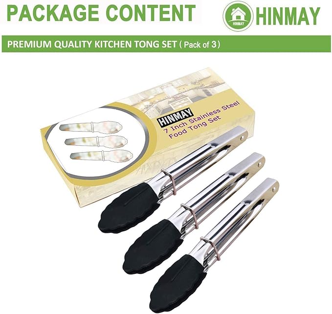 Mini Tongs with Silicone Tips 7-Inch Kitchen Tongs, Set of 3 (Black)