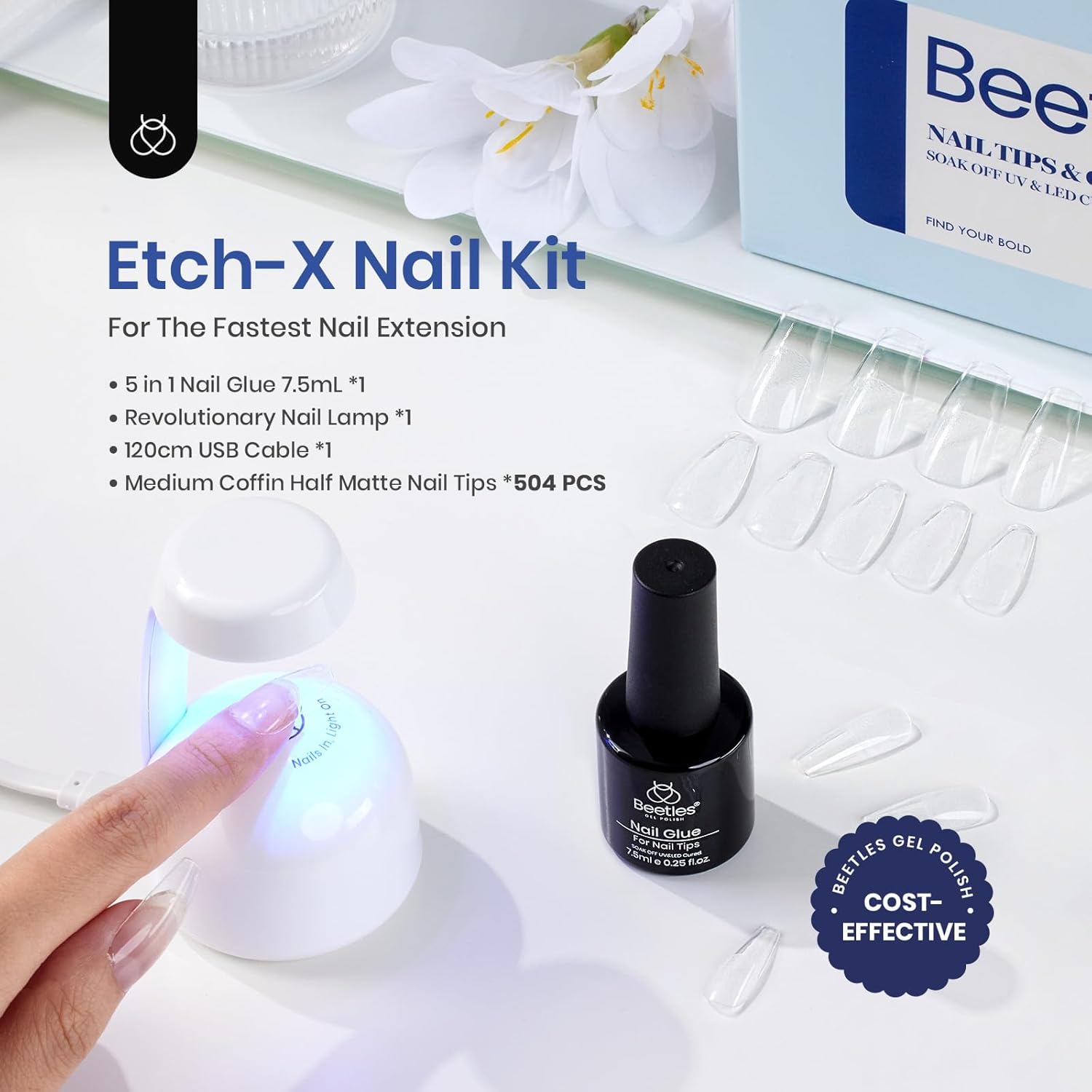 Beetles Gel Nail Kit Easy Nail Extension Set With Etch X Nail Tips 504Pcs Half Matte Medium Coffin Shaped Tips 5 in 1 Nail Glue Base Gel and Innovative Led Lamp Diy Art at Home Nail Kit-BrightBean Baby