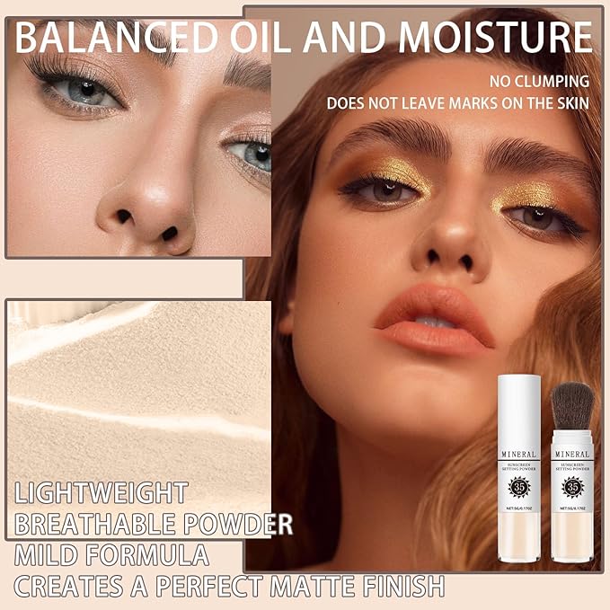 Mineral Sunscreen Setting Powder, SPF 35 Translucent Loose Powder, Mineral Brush Powder, Oil Control Natural Matte Finish, Lasting Lightweight Breathable for All Skin (#02 Fair)-BrightBean Baby