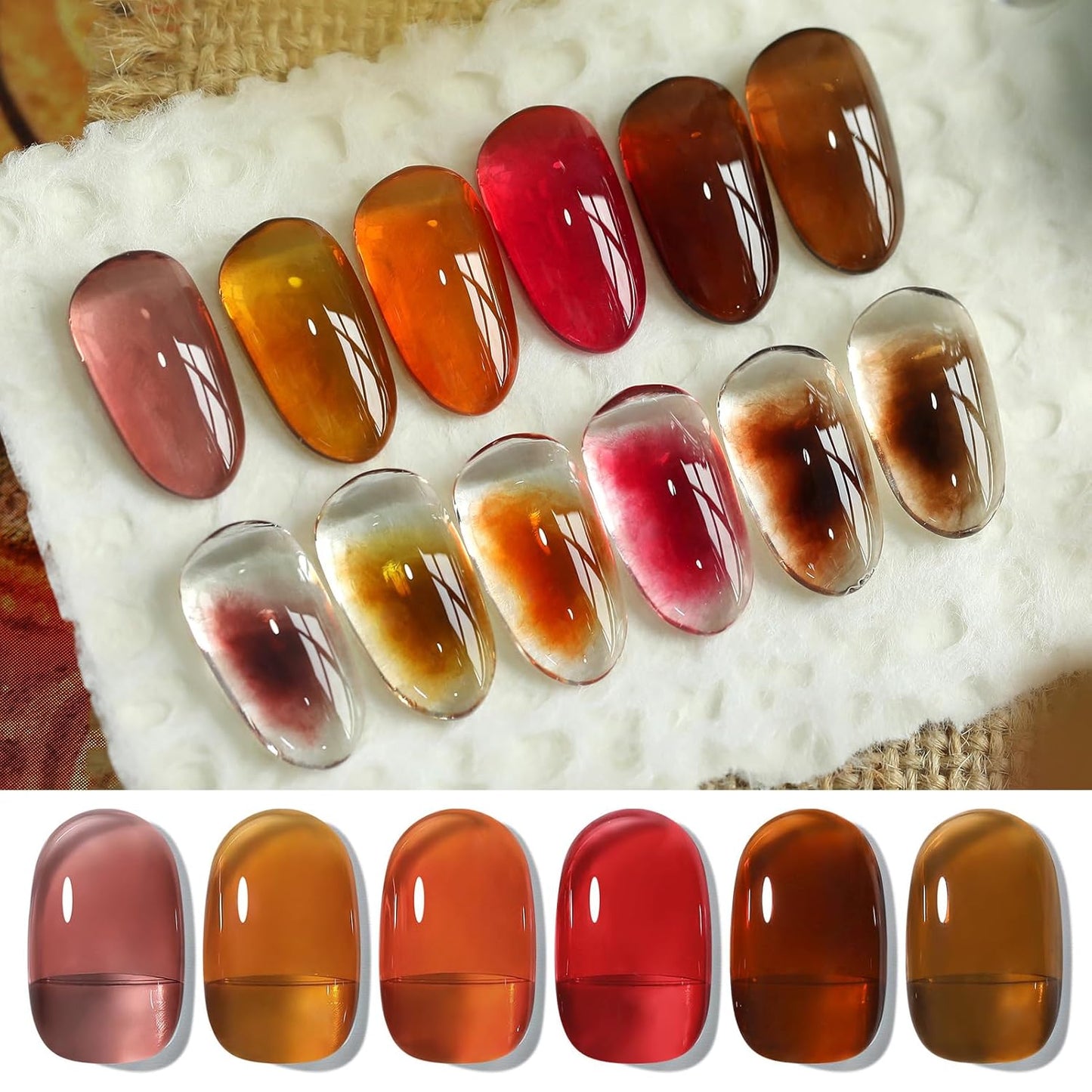 Born Pretty Fall Winter Jelly Gel Nail Polish Amber Crystal Transparent Brown Orange Red Gel Polish Nail Art Manicure DIY at Home and Salon 6PCS 7ML-BrightBean Baby