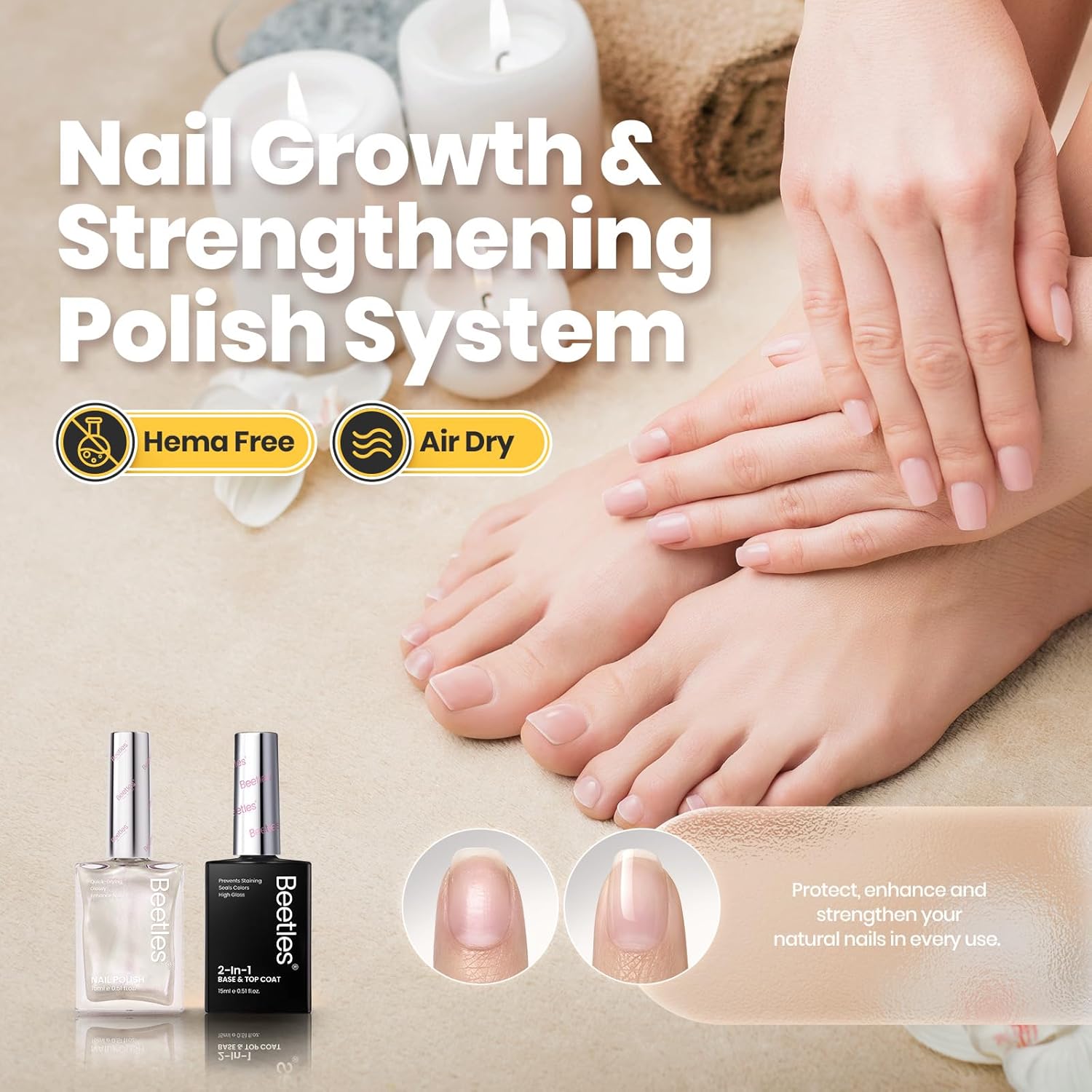 Beetles Pearl White Nail Polish and 2 in 1 Base & Top Coat Set, Fast Drying & Natural Nail Strengthen, Nail Lacquer Shimmer-Like Pearlescent Sheen, No UV Lamp Needed for DIY Nail Art Gifts for Women-BrightBean Baby