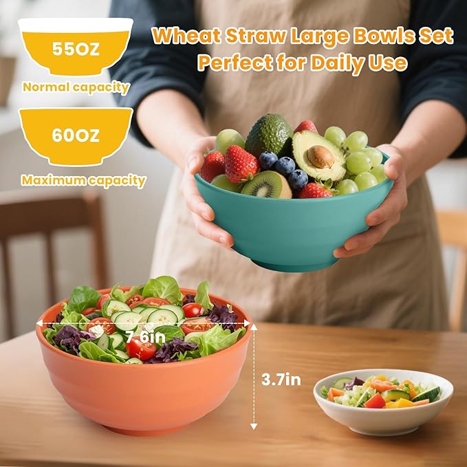 Homienly Wheat Straw Bowl Set, Large Salad Bowls Set of 8-60 OZ Large Capacity Big Bowls, Unbreakable Popcorn Bowl, Microwave and Dishwasher Safe Bowl for Kithchen, Camping, Party - Multi, Matte