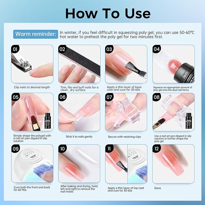 JEWHITENY Poly Nail Gel Kit 14 Colors Purple Nude Grey Black Blue Glitter Tones Starter Kit with UV Lamp Matte & Glossy Top & Base Coat All-in-One Designs DIY At Home-BrightBean Baby