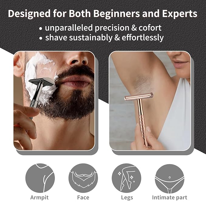 Shiny Gun Black Double Edge Safety Razor, Single Blade Razors for Men and Women, with 10 Stainless Steel Safety Razor Blades, Reusable, Smooth and Close Wet Shaving Kit, Plastic Free-BrightBean Baby