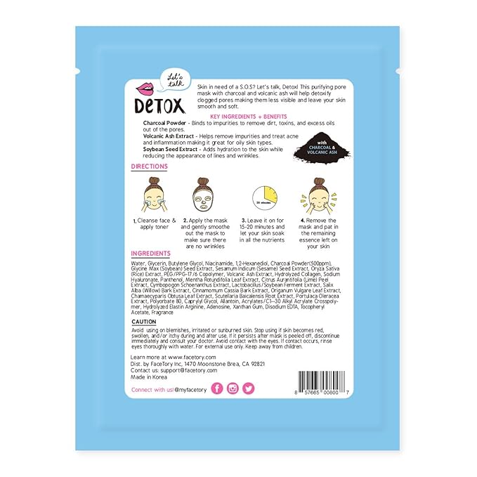 FACETORY K Beauty Face Mask Skin Care - LET'S TALK DETOX PURIFYING Sheet Mask with Charcoal & Volcanic Ash | Pore Refining Charcoal Face Mask (10 Pack)-BrightBean Baby