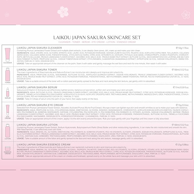 Skin Care Set JAPAN SAKURA Women Beauty Gift Sets Skin Care Kit with Cleanser, Toner, Lotion, Serum, Eye Cream, Face Cream Travel Kit for Women Teen Girls Mom Daughter TSA-friendly Sizes 6pcs-BrightBean Baby