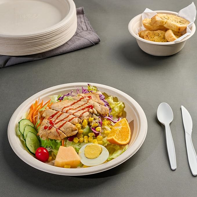 ECOLipak 125 Pack Paper Plates 10 inch 100% Compostable, Heavy-Duty Dinner Plates Disposable Bagasse Deep Dish Natural Biodegradable Eco-Friendly Sugarcane (Brown)