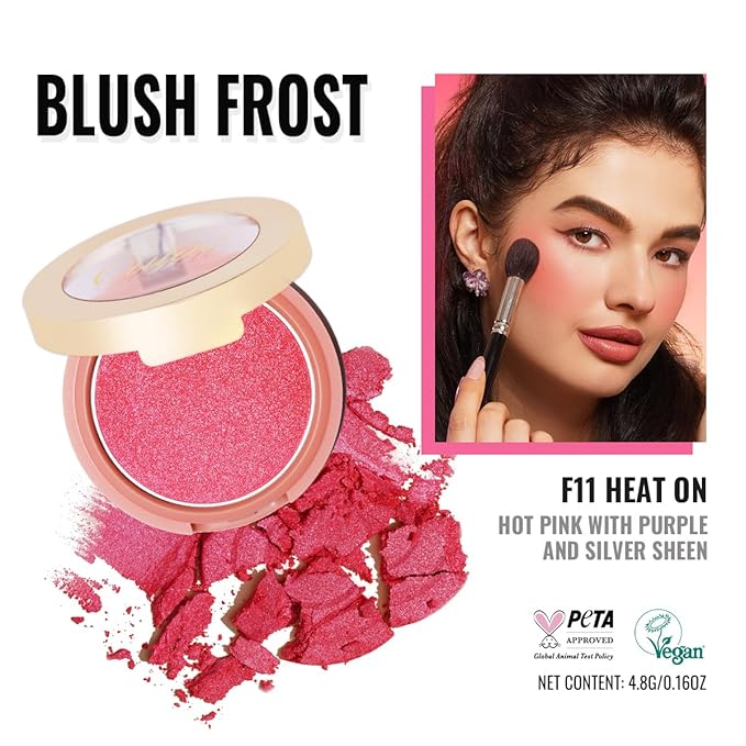 Oulac Luminisers Powdery Blusher for Cheeks Face Glow,Brighten Skin As Highlighter Makeup, Shimmer Blusher,Buildable and Vegan Cosmetics,4.8g F11 Heat On-BrightBean Baby