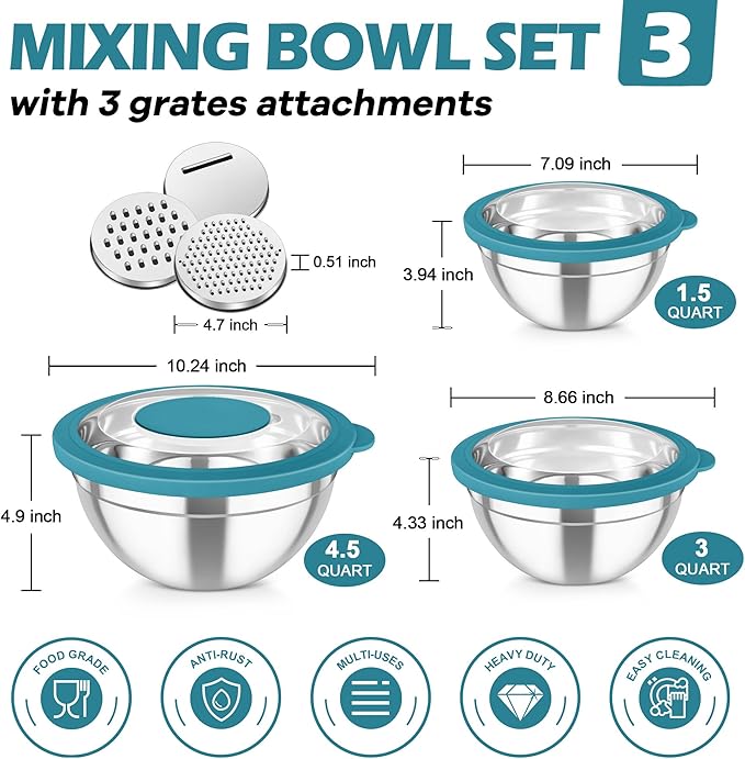 TeamFar Mixing Bowls, 3PCS Stainless Steel Serving Salad Bowls with Lids & 3 Graters, For Kitchen Mixing/Baking/Storing/Prepping, Visible & Airtight, Easy Clean - 4.5/3 / 1.5 QT, Dark Blue