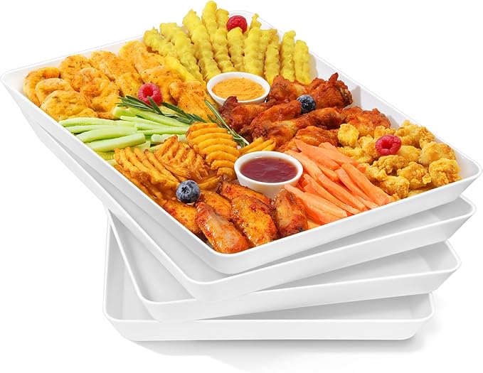 Lifewit Plastic Serving Tray for Party Supplies, 16" x 12" White Trays for Serving Food, Reusable Large Platter for Buffet, Fruit, Dessert, Snack, Veggie, Kitchen and Outdoor Use, Rectangle, 4 Pcs