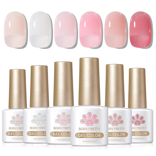 Born Pretty Milky White Jelly Nude Pink Gel Nail Polish Set,Nude Pink Sheer Translucent Gel Polish Milky Natural Gel Polish Set Nail Art Manicure DIY Kit Home Salon 6PCS 7ML-BrightBean Baby