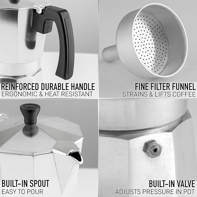 Zulay Moka Pot Espresso Stovetop Coffee Maker - Leak-Proof, Aluminum, Easy to Clean, Heat Resistant Handle & Knob - for Authentic Cuban & Italian Style Espresso - Makes 9 Espresso Cups - Silver