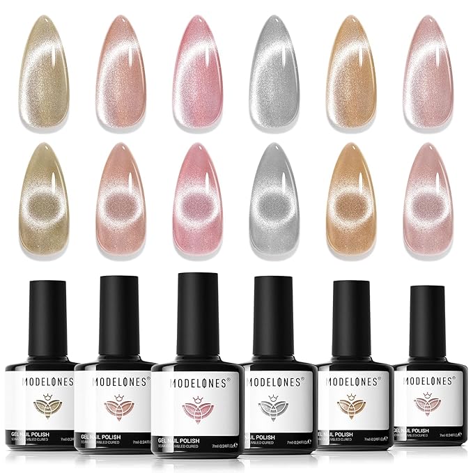 Modelones Cat Eye Gel Nail Polish Set, Holographic Glitter 6 Colors with Magnet, Sparkle Galaxy Series Nude Pink Gel Polish, Soak Off Led Gel Polish Kit, Nail Art, Salon DIY Gifts-BrightBean Baby