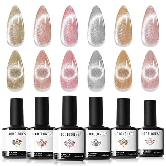Modelones Cat Eye Gel Nail Polish Set, Holographic Glitter 6 Colors with Magnet, Sparkle Galaxy Series Nude Pink Gel Polish, Soak Off Led Gel Polish Kit, Nail Art, Salon DIY Gifts-BrightBean Baby