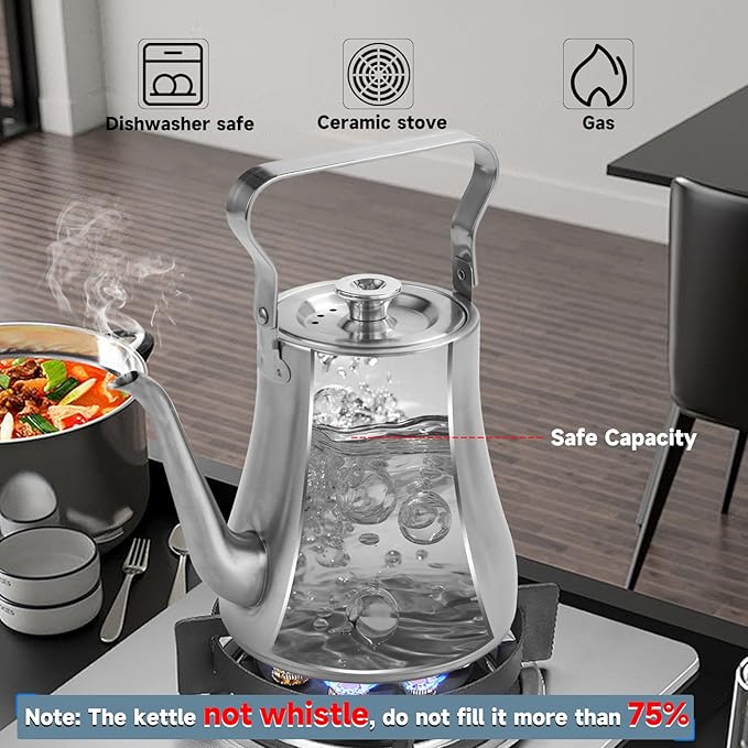 68OZ/2000ML Stainless Steel Teapot with Removable Infuser for Loose Leaf & Tea Bags, Stovetop Safe Tea Maker Water Kettle for Home Kitchen Hotel Restaurant Outdoor, Silver